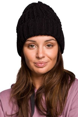 Czapka splot warkocz z wywinięciem - czarna