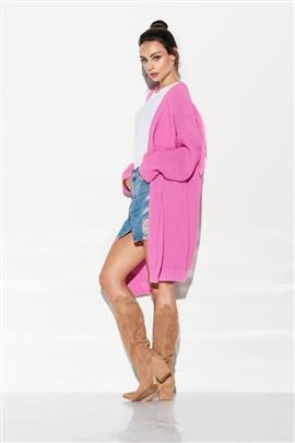 Kardigan oversizowy z frędzlami na plecach jasnoróżowy