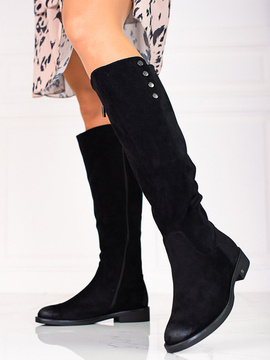 Zamszowe kozaki damskie na płaskim obcasie Potocki