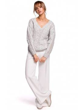 Ażurowy sweter z dekoltem w serek - szary